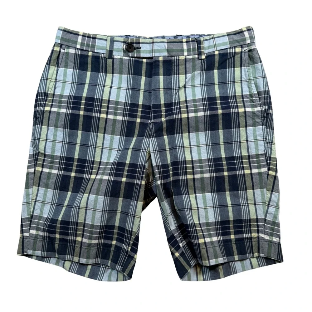 Brooks Brothers Bermuda Shorts Mens 32 Plaid Blue Green Cotton Stretch Waistband